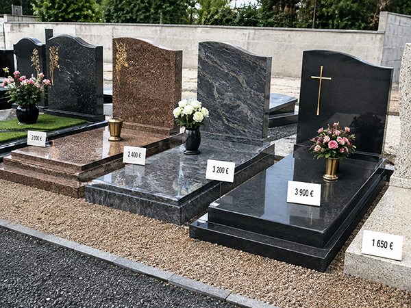 Exemple de pierre tombale en granit noir, montrant une stèle et une tombale